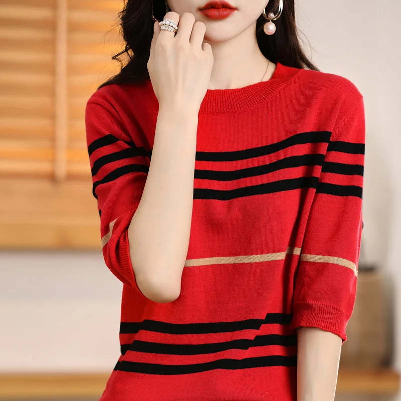 Summer Women's Cotton Knitted Half-Sleeve Round Neck Striped Pullover Women's T-Shirt Loose Fashion Exquisite Short Sleeve
Summer Women's Cotton Knitted Half-Sleeve Round Neck Striped Pullover Women's T-Shirt Loose Fashion Exquisite Short Sleeve