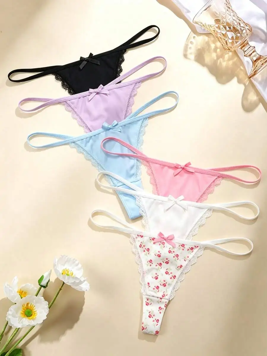 6pcs Womens Comfortable Solid And Floral Print Thong Panties With Lace And Bow Decoration
6pcs Womens Comfortable Solid And Floral Print Thong Panties With Lace And Bow Decoration