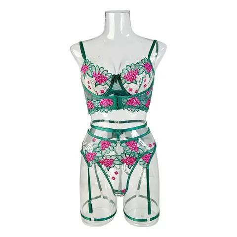 Green Pink Floral Embroidered Garter Lingerie Set Underwire Bra Thong Thigh Strap Women Exotic Underwear Sexy Sleepwears