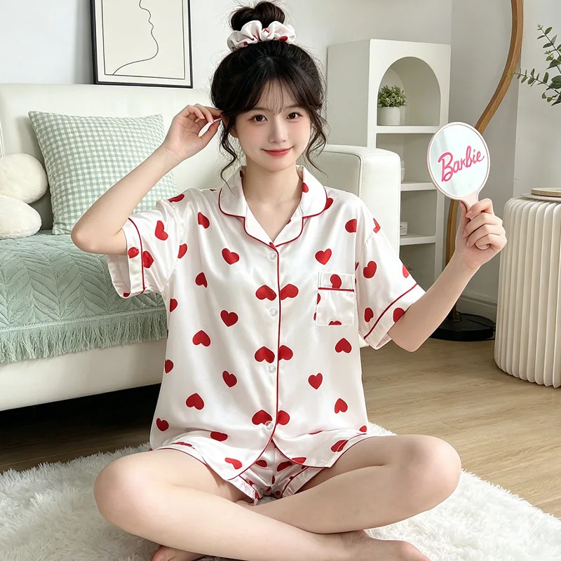New Arrival Women's Summer Short-Sleeve Shorts Cooling Ice-Silk Pajamas: Sweet Red Heart-Print Cute Girls' Summer Loungewear Set
New Arrival Women's Summer Short-Sleeve Shorts Cooling Ice-Silk Pajamas: Sweet Red Heart-Print Cute Girls' Summer Loungewear Set
