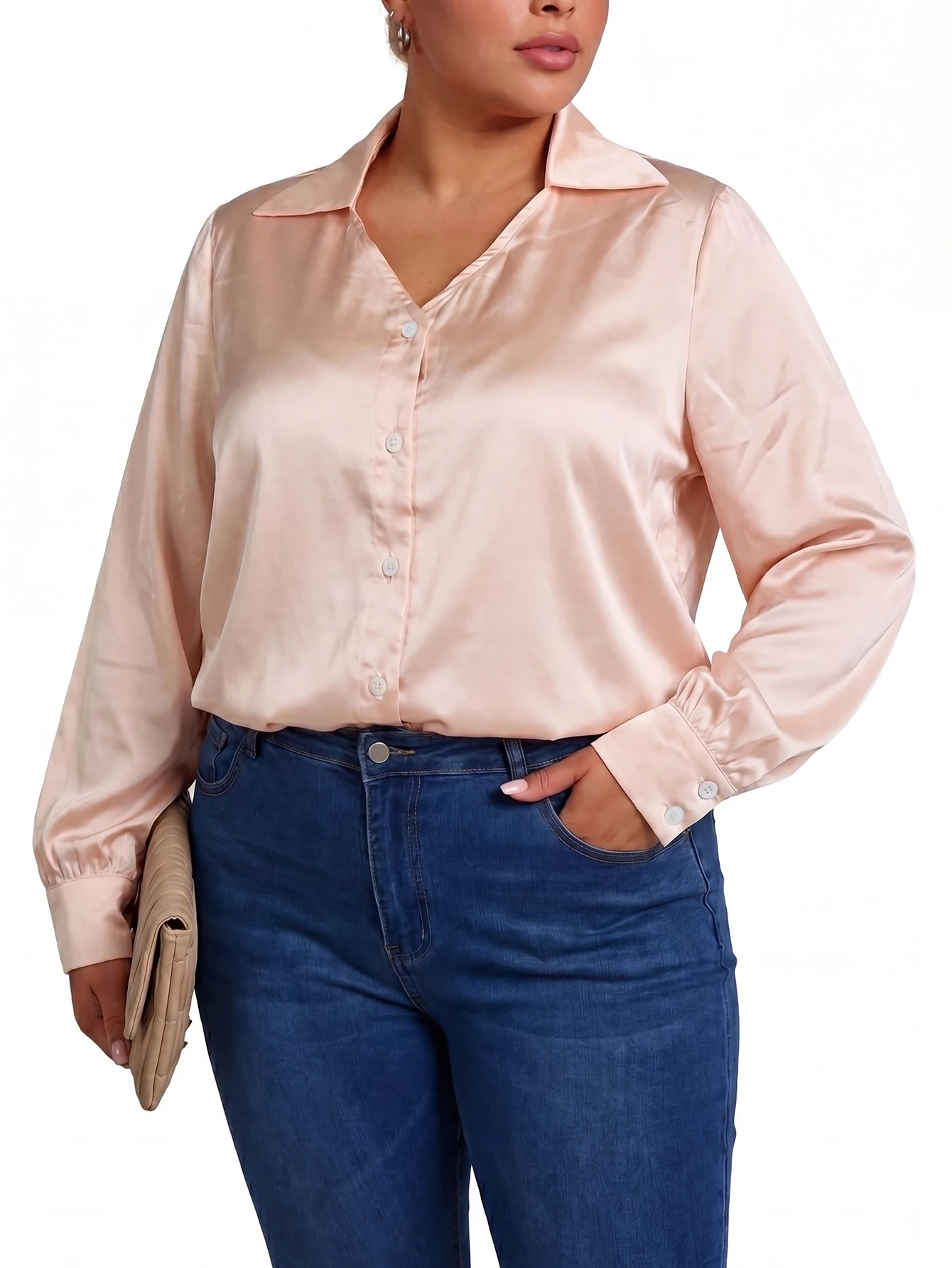 Women's Plus Size Satin Blouse Pink V-Neck Long Sleeve Button Down Elegant Casual Office Shirt
Women's Plus Size Satin Blouse Pink V-Neck Long Sleeve Button Down Elegant Casual Office Shirt