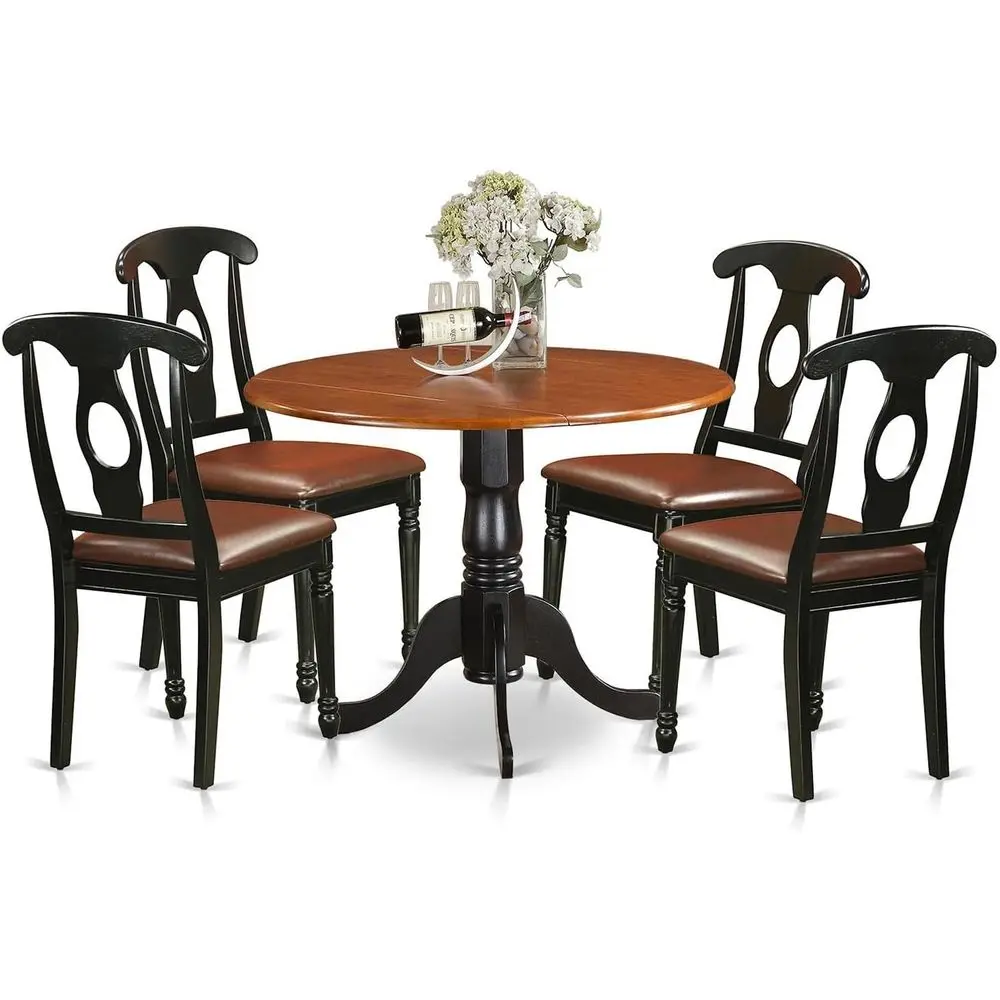 5-Piece Dining Set: Round Drop-Leaf Table with 4 Faux Leather Chairs, 42x42 Inch, Black & Cherry
5-Piece Dining Set: Round Drop-Leaf Table with 4 Faux Leather Chairs, 42x42 Inch, Black & Cherry