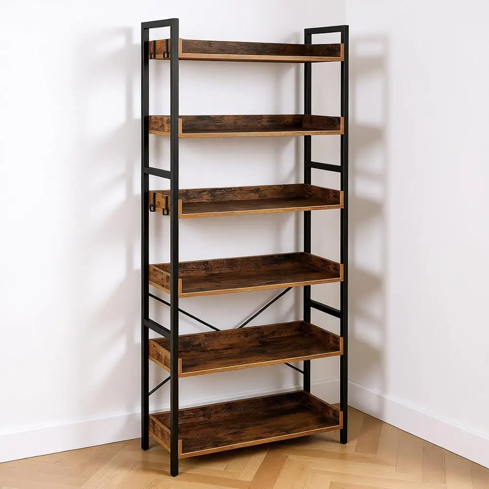 6-ярусный промышленный деревянный книжный шкаф с 4 крючками, винтажная полка для хранения, деревенская напольная металлическая витрина для гостиной
6-ярусный промышленный деревянный книжный шкаф с 4 крючками, винтажная полка для хранения, деревенская напольная металлическая витрина для гостиной