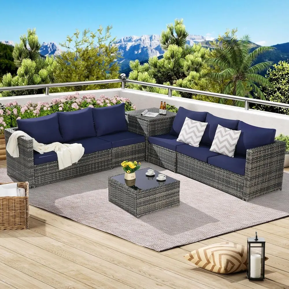 6-Piece Outdoor Wicker Sectional Patio Furniture Set with Glass Top Table in Navy Blue
6-Piece Outdoor Wicker Sectional Patio Furniture Set with Glass Top Table in Navy Blue