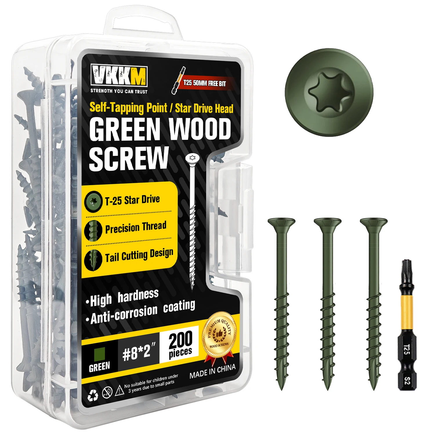 VKKM Bulk Pack Green Wood Deck Screws, #8x1", #8x1-1/2", #8x2", T25 Torx Star Drive Self-Tapping Flat Head, Anti-Corrosion, No Pre-Drilling, Prevents Wood Splitting, with Free T25 Bit
VKKM Bulk Pack Green Wood Deck Screws, #8x1", #8x1-1/2", #8x2", T25 Torx Star Drive Self-Tapping Flat Head, Anti-Corrosion, No Pre-Drilling, Prevents Wood Splitting, with Free T25 Bit