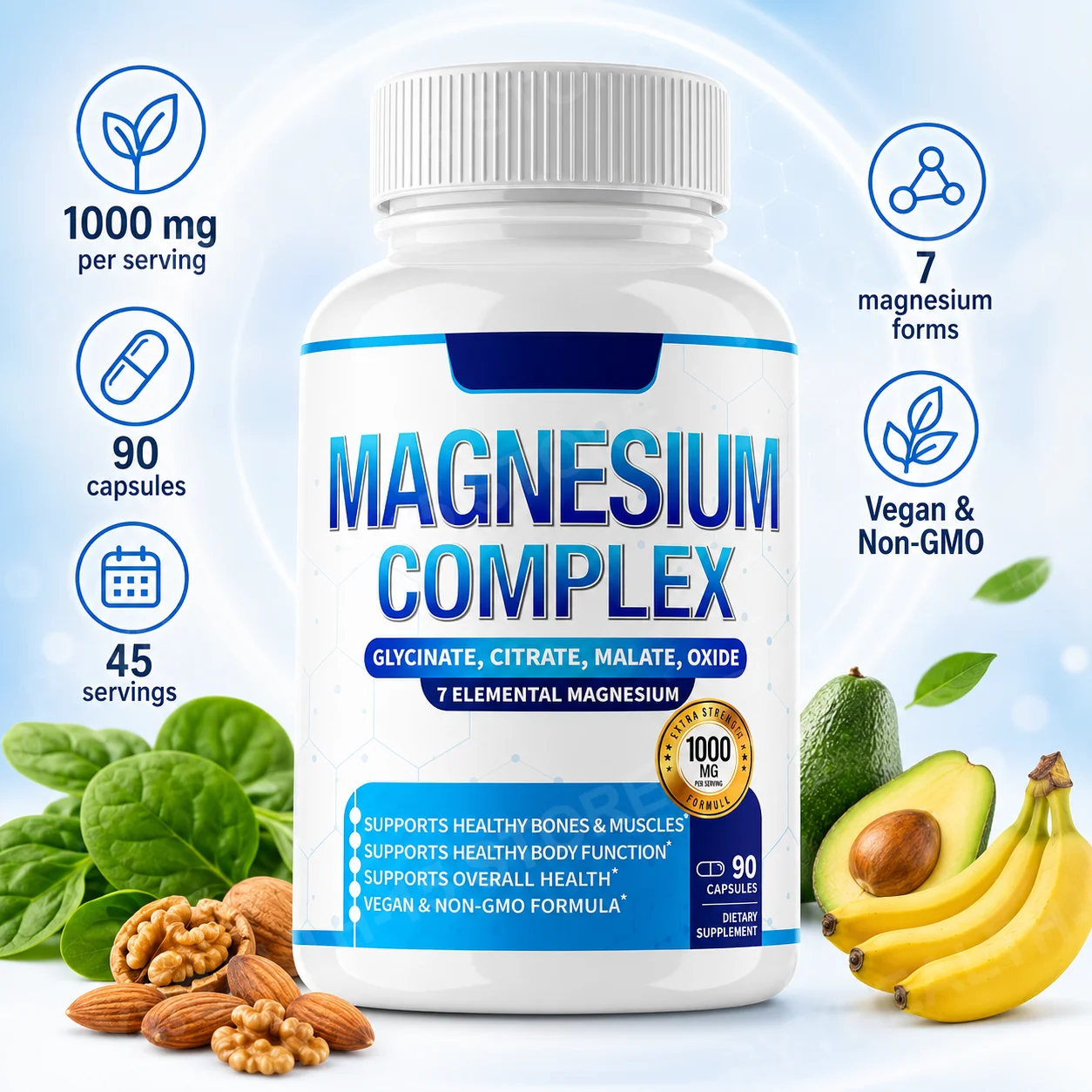 Magnesium Complex Capsules with 7 Magnesium Forms, Glycinate Citrate Malate Oxide Taurate Aspartate Orotate, 90 Capsules
Magnesium Complex Capsules with 7 Magnesium Forms, Glycinate Citrate Malate Oxide Taurate Aspartate Orotate, 90 Capsules