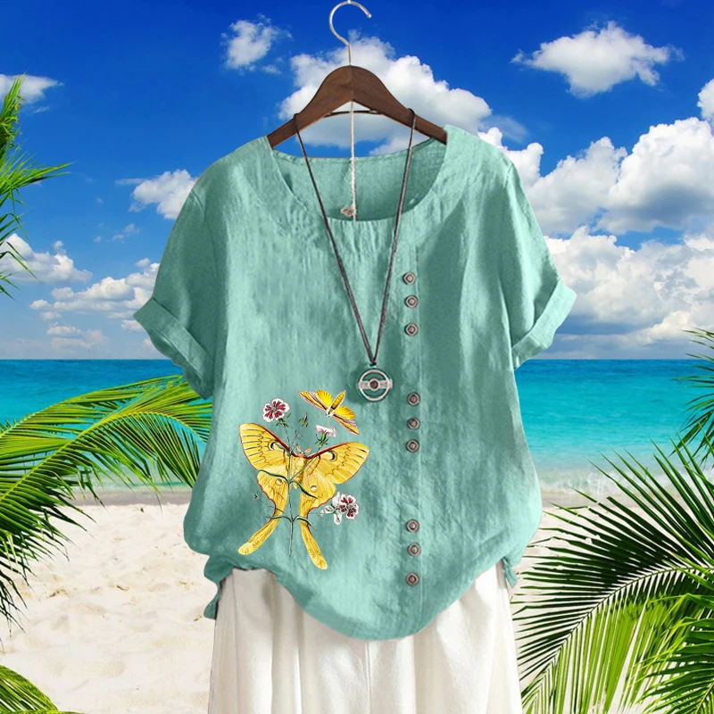 2022 Retro Ladies Summer Solid Blouse Beautiful Butterfly Printed Loose T-Shirt Trendy Linen Round Neck Short Sleeve Top XS-5XL
2022 Retro Ladies Summer Solid Blouse Beautiful Butterfly Printed Loose T-Shirt Trendy Linen Round Neck Short Sleeve Top XS-5XL