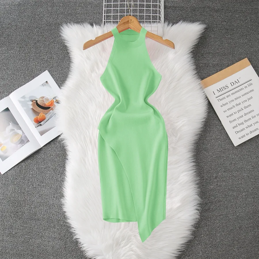 【New style】Hanging neck dress summer slim temperament knitted dress solid color sleeveless irregular dress
【New style】Hanging neck dress summer slim temperament knitted dress solid color sleeveless irregular dress