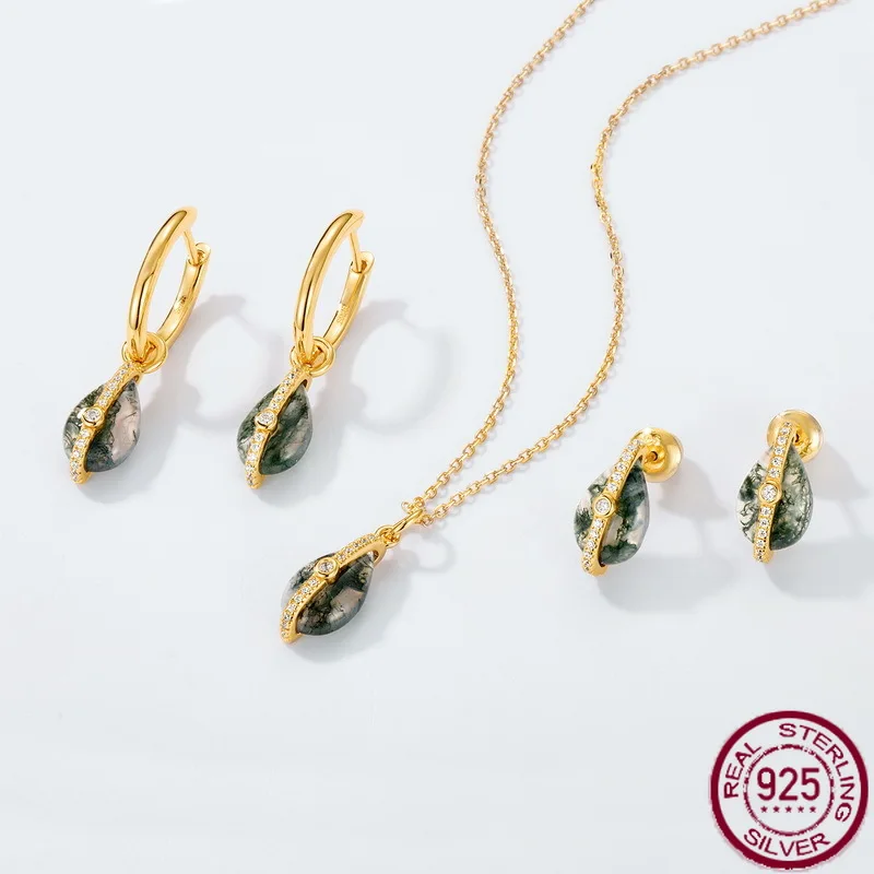 New S925 pure silver water droplet design natural green moss stone earring set earrings wedding jewelry
New S925 pure silver water droplet design natural green moss stone earring set earrings wedding jewelry