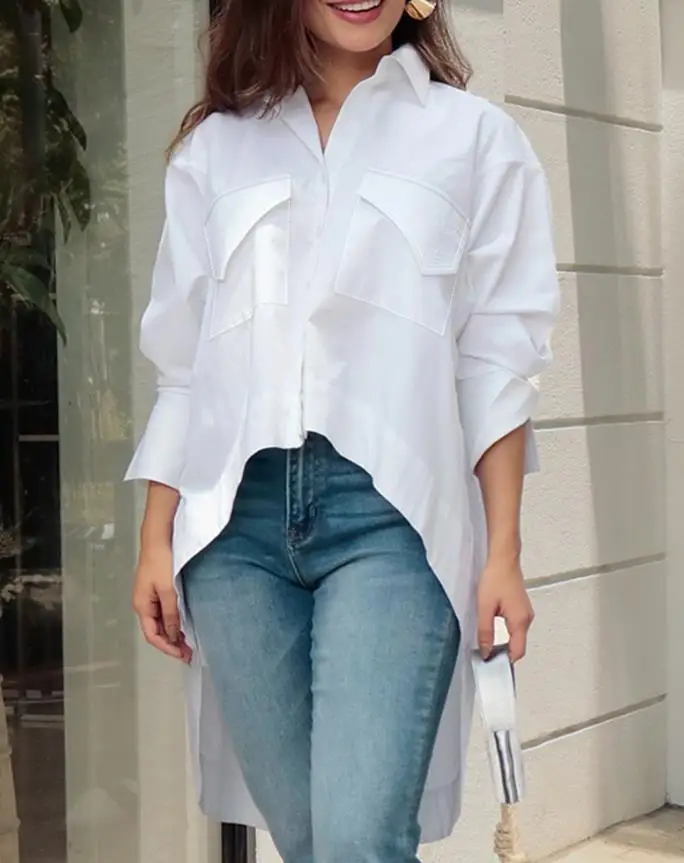 Women's Elegant Top Temperament Commuting Summer New Turn-Down Collar Hem Front Button Blouse with Pocket Female Casual Shirt
Women's Elegant Top Temperament Commuting Summer New Turn-Down Collar Hem Front Button Blouse with Pocket Female Casual Shirt