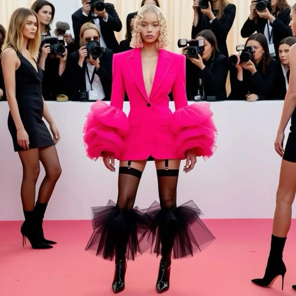 Stylished Fuchsia Stretchy Women Blazer Dresses With Ruffles Flare Sleeves Fashion Women Party Dress
Stylished Fuchsia Stretchy Women Blazer Dresses With Ruffles Flare Sleeves Fashion Women Party Dress