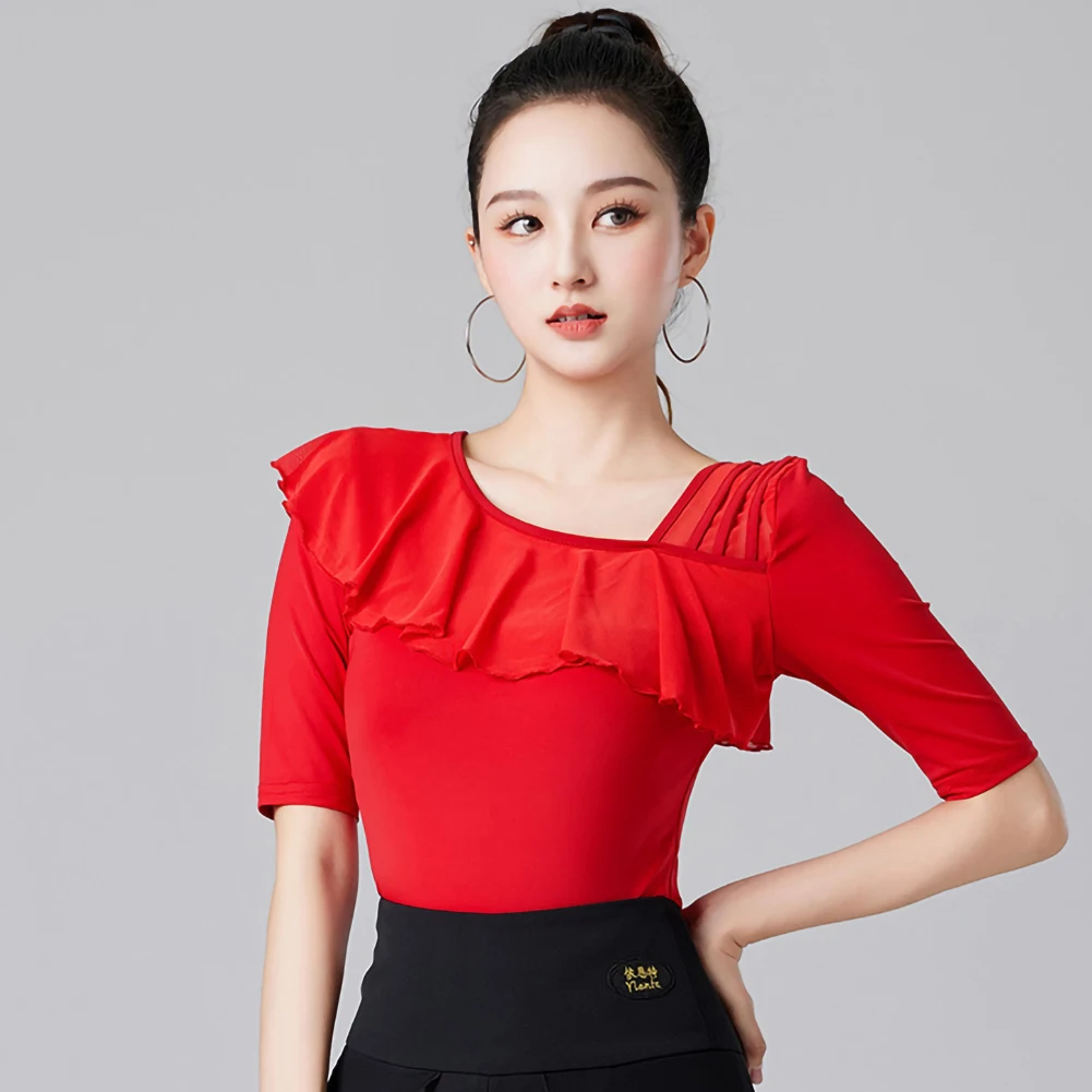 New Latin Red Women's Top Black Samba Short-sleeved Lotus Leaf Collar Shirt New Performance Practice Clothes
New Latin Red Women's Top Black Samba Short-sleeved Lotus Leaf Collar Shirt New Performance Practice Clothes