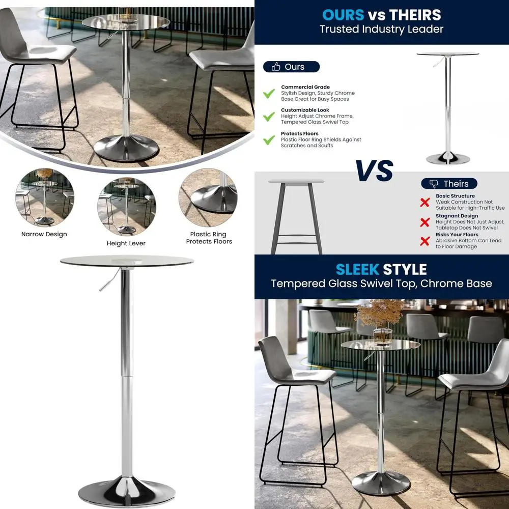 Adjustable Height 23.5 Round Glass Cocktail Table, Bar Height, Clear Glass with Chrome Frame for Home or Business Use
Adjustable Height 23.5 Round Glass Cocktail Table, Bar Height, Clear Glass with Chrome Frame for Home or Business Use
