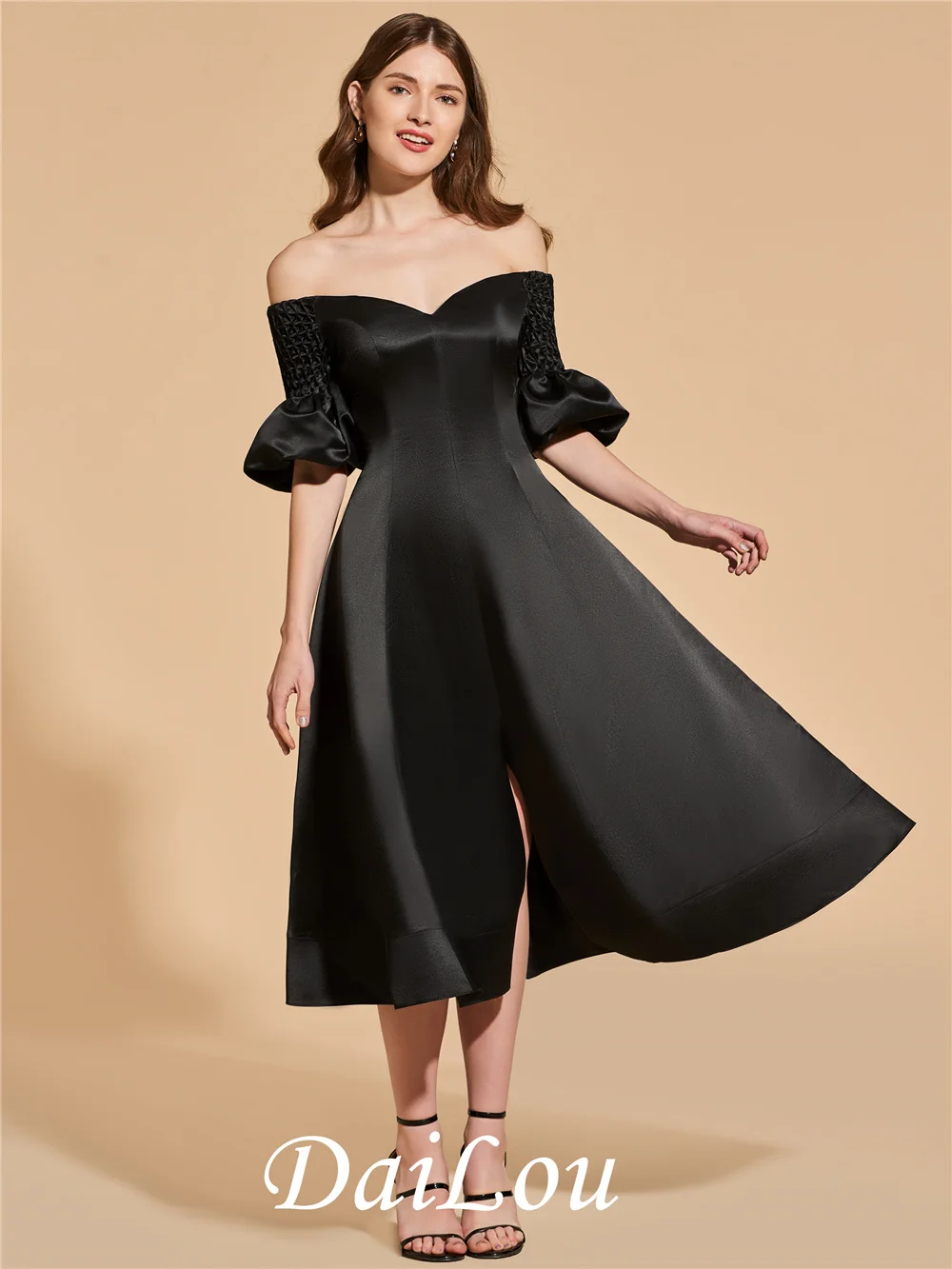 Designer Dresses A-Line Tea-Length Off-the-Shoulder Short Sleeves Black Cocktail Dress 2022
Designer Dresses A-Line Tea-Length Off-the-Shoulder Short Sleeves Black Cocktail Dress 2022