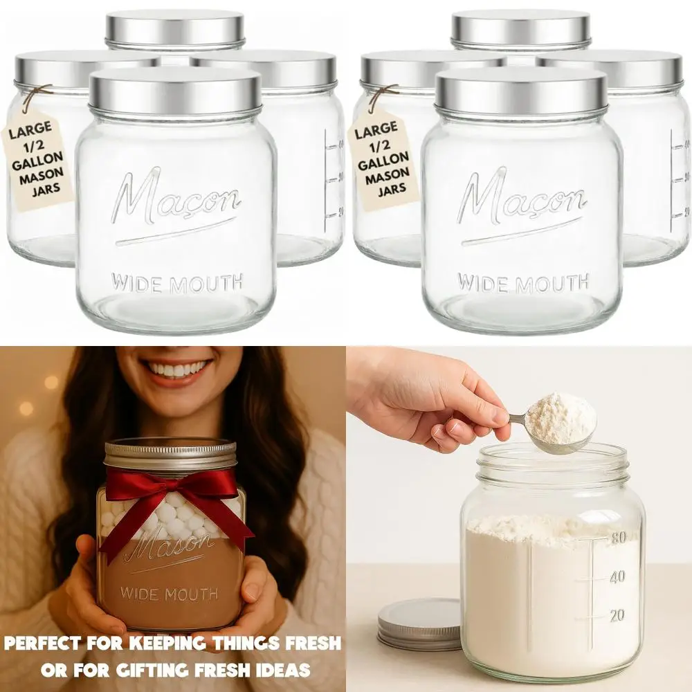 Extra Wide Mouth Mason Jars with Airtight Metal Lids - 64 oz Food Storage & Canning Jars with Measurement Markings (4 Pack)
Extra Wide Mouth Mason Jars with Airtight Metal Lids - 64 oz Food Storage & Canning Jars with Measurement Markings (4 Pack)