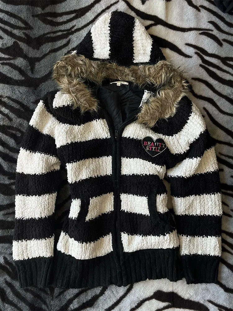 Retro Bla White Striped Hooded Cotton Jaet Women's Slim Fit High Waist Coat Korean Sle Commute Sle Long Sve Zipper
Retro Bla White Striped Hooded Cotton Jaet Women's Slim Fit High Waist Coat Korean Sle Commute Sle Long Sve Zipper