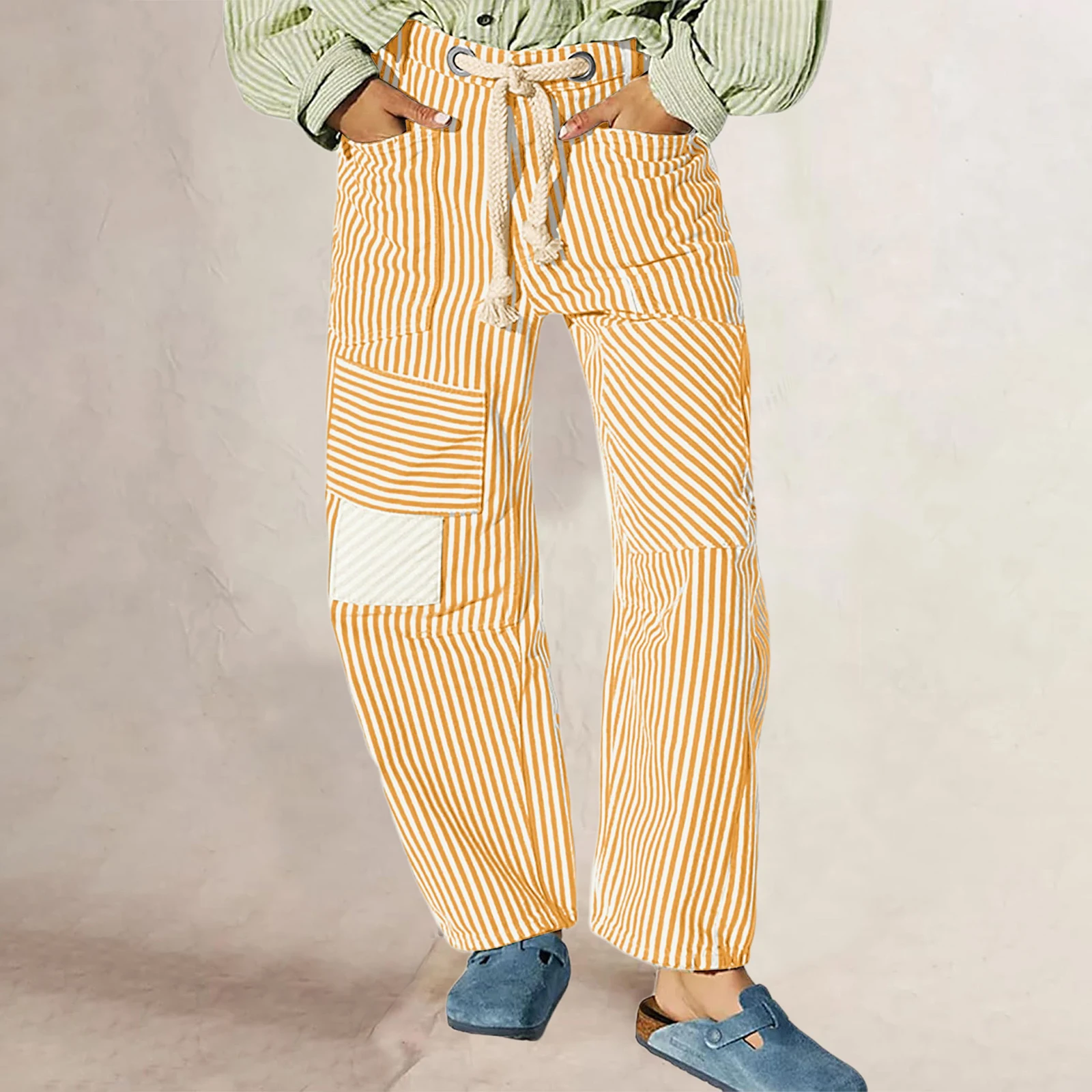 Women Elastic Waist Drawstring Patchwork Wide Leg Pants Striped Pants Loose Trousers with Pockets
Women Elastic Waist Drawstring Patchwork Wide Leg Pants Striped Pants Loose Trousers with Pockets