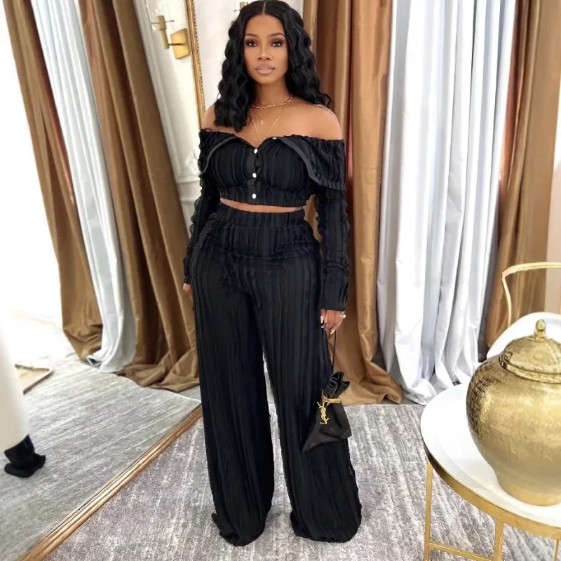 Women Sexy Ruffles 2 Piece Set Elegant Single Breasted Off Shoulder Full Sleeve Crop Top + High Waist Wide Leg Pants Casual Suit
Women Sexy Ruffles 2 Piece Set Elegant Single Breasted Off Shoulder Full Sleeve Crop Top + High Waist Wide Leg Pants Casual Suit