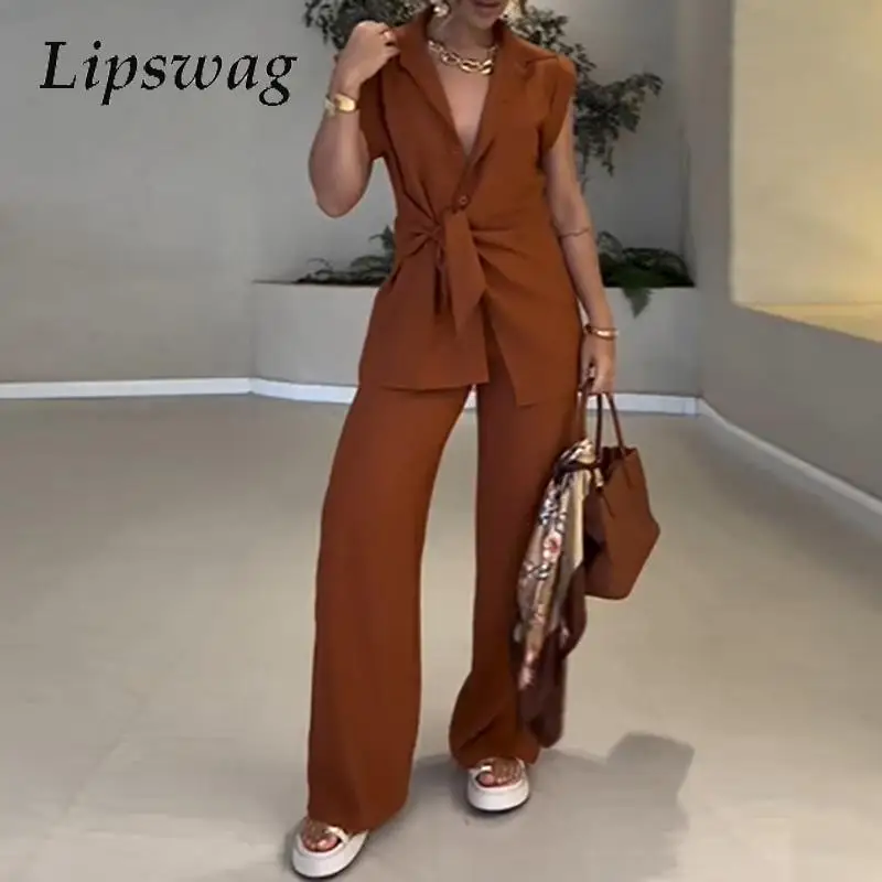 Fashion Lapel Short Sleeve Shirt & Wide Leg Pant Set Women Elegant Button Loose 2Pc Suit Casual Commuting Lace-up Solid Outifts 
Fashion Lapel Short Sleeve Shirt & Wide Leg Pant Set Women Elegant Button Loose 2Pc Suit Casual Commuting Lace-up Solid Outifts