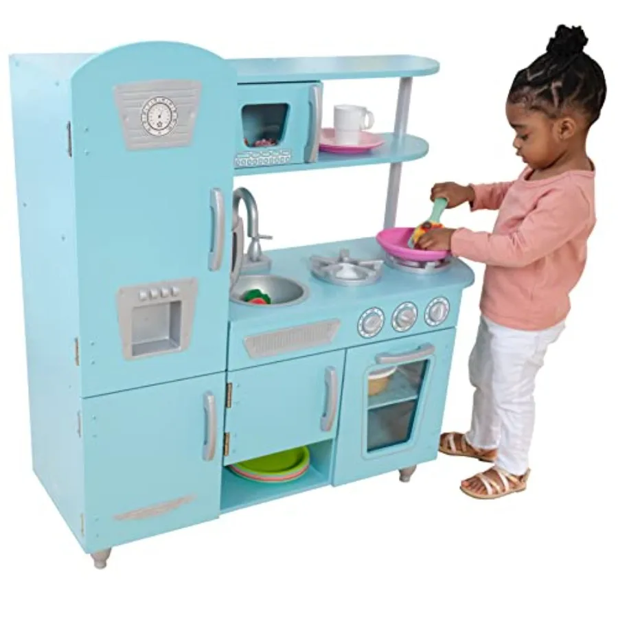 Vintage wooden play kitchen for home use, natural wood finish, realistic pretend ice maker and play phone included
Vintage wooden play kitchen for home use, natural wood finish, realistic pretend ice maker and play phone included