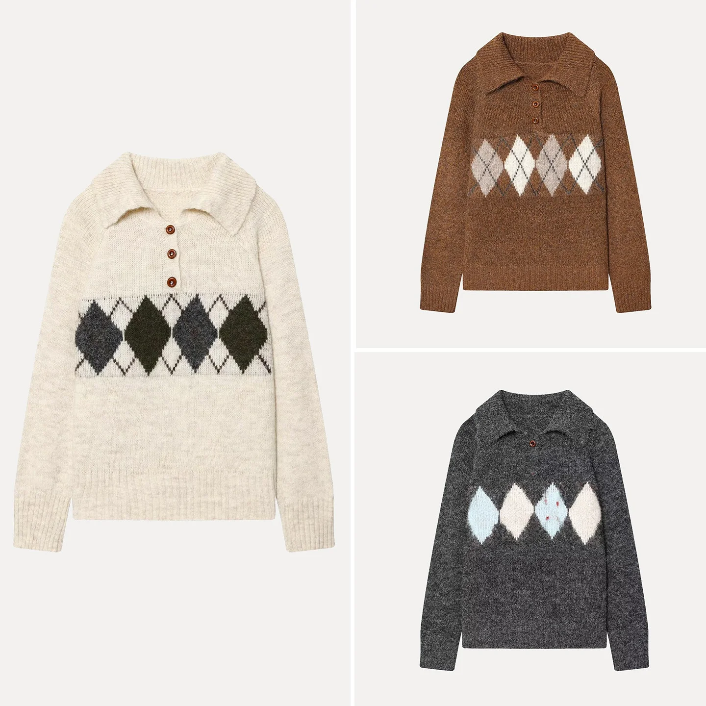 Модный вязаный свитер с пуговицами, горизонтальным ромбовидным узором и отложным воротником, универсальная женская зимняя одежда
Модный вязаный свитер с пуговицами, горизонтальным ромбовидным узором и отложным воротником, универсальная женская зимняя одежда