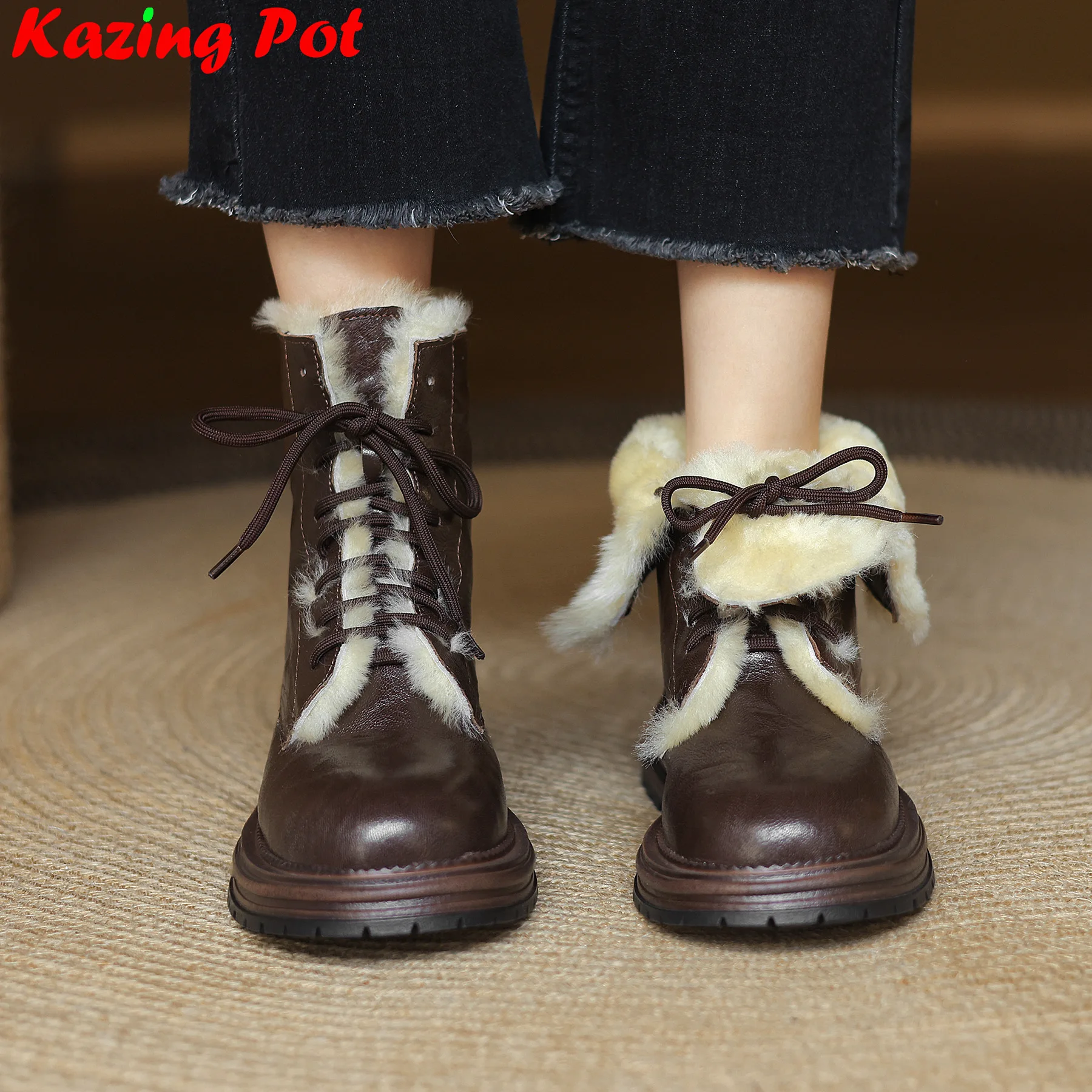 Krazing Pot Plus Size Cold Resistant Sheepskin Wool Fur Round Toe Thick Heel Warm Snow Boots Lace Up Platform Luxury Ankle Boots
Krazing Pot Plus Size Cold Resistant Sheepskin Wool Fur Round Toe Thick Heel Warm Snow Boots Lace Up Platform Luxury Ankle Boots