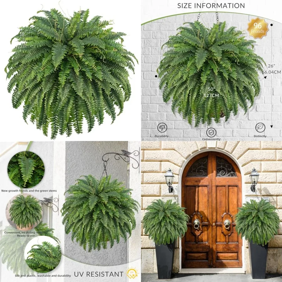 50 Artificial Boston Ferns, Fake Bush Plants, Large Faux Ferns with 96 Fronds for Outdoors Home Decor
50 Artificial Boston Ferns, Fake Bush Plants, Large Faux Ferns with 96 Fronds for Outdoors Home Decor