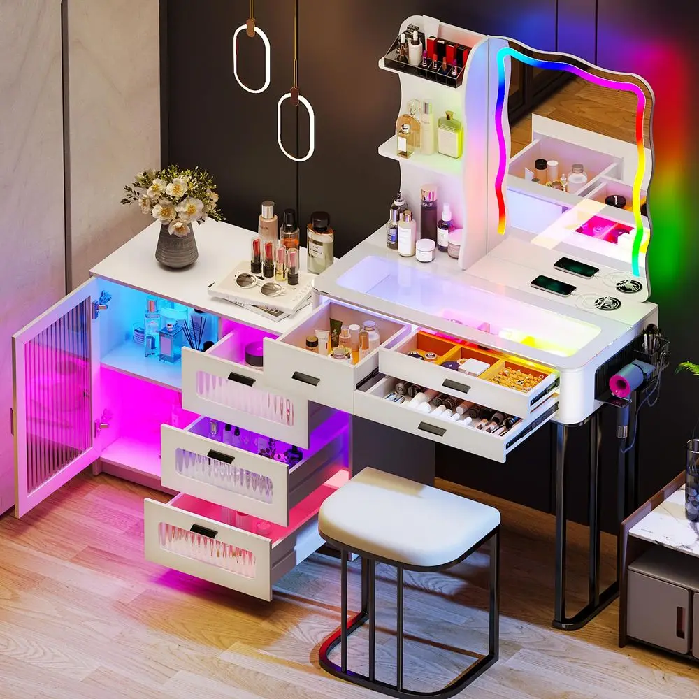 RGB Makeup Vanity Desk with Lights, Glass Top Vanity Table with 24 Color Dimmable Lights, Large Vanity Set with 8 Drawers, Dres
RGB Makeup Vanity Desk with Lights, Glass Top Vanity Table with 24 Color Dimmable Lights, Large Vanity Set with 8 Drawers, Dres