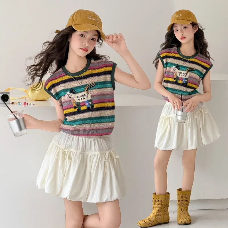 Children Clothes Girl Summer Sweet Cute Cartoon Pony Striped Knit Sleeveless Top And White Bud Short Skirt 2026
Children Clothes Girl Summer Sweet Cute Cartoon Pony Striped Knit Sleeveless Top And White Bud Short Skirt 2026