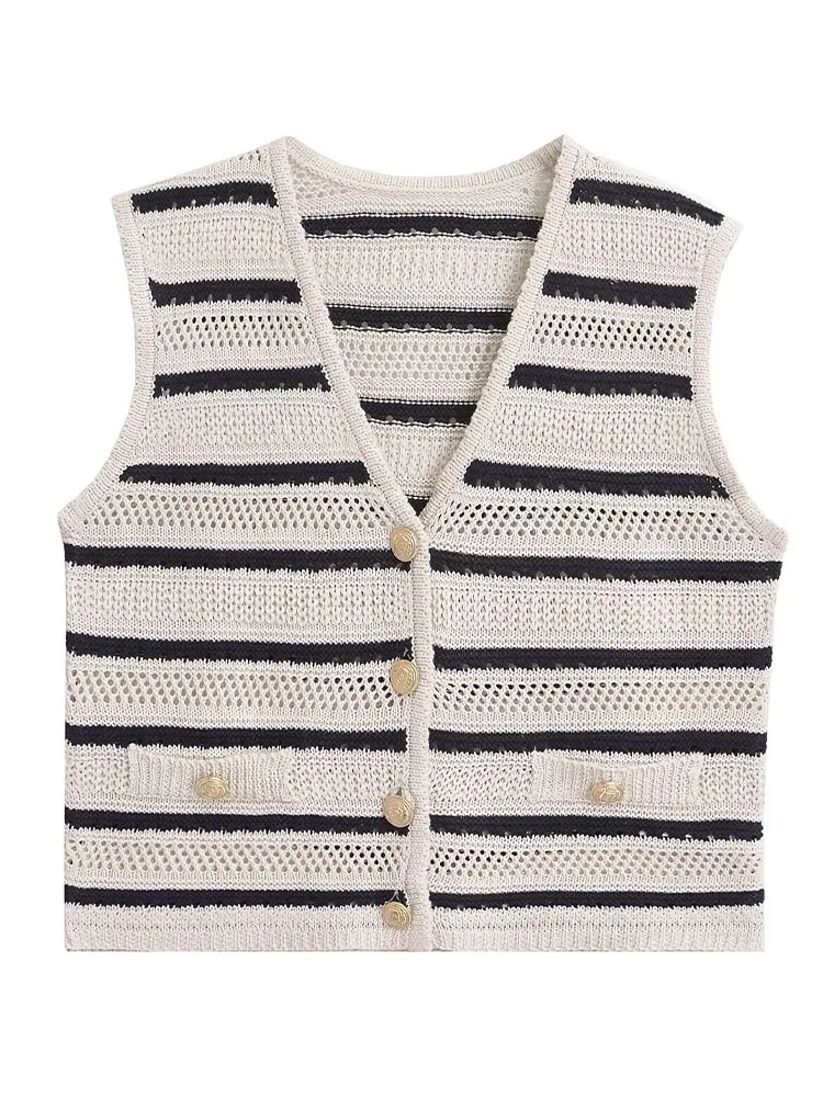 2024 Summer New Arrivals Women's European and American Style V-neck Retro All-match Hollow Sleeveless Striped Knitted Vest
2024 Summer New Arrivals Women's European and American Style V-neck Retro All-match Hollow Sleeveless Striped Knitted Vest