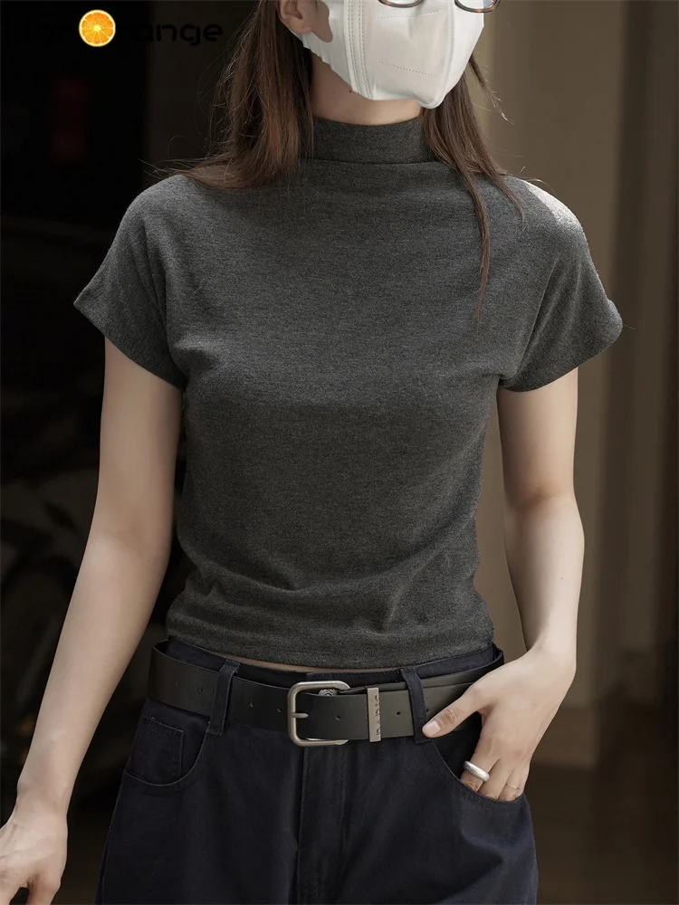 HanOrange 2025, осенняя простая футболка с коротким рукавом и воротником-стойкой, женские футболки с силуэтом, черные/белые/хаки/темно-селые снежные серые
HanOrange 2025, осенняя простая футболка с коротким рукавом и воротником-стойкой, женские футболки с силуэтом, черные/белые/хаки/темно-селые снежные серые