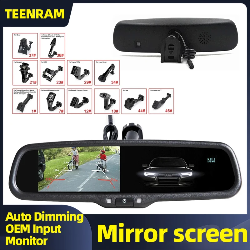 TEENRAM Car 4.3 Inch Mirror Screen Auto Dimming Front View Camera TFT LCD Monitor Rear View Mirror HD Screen OEM Input Monitor