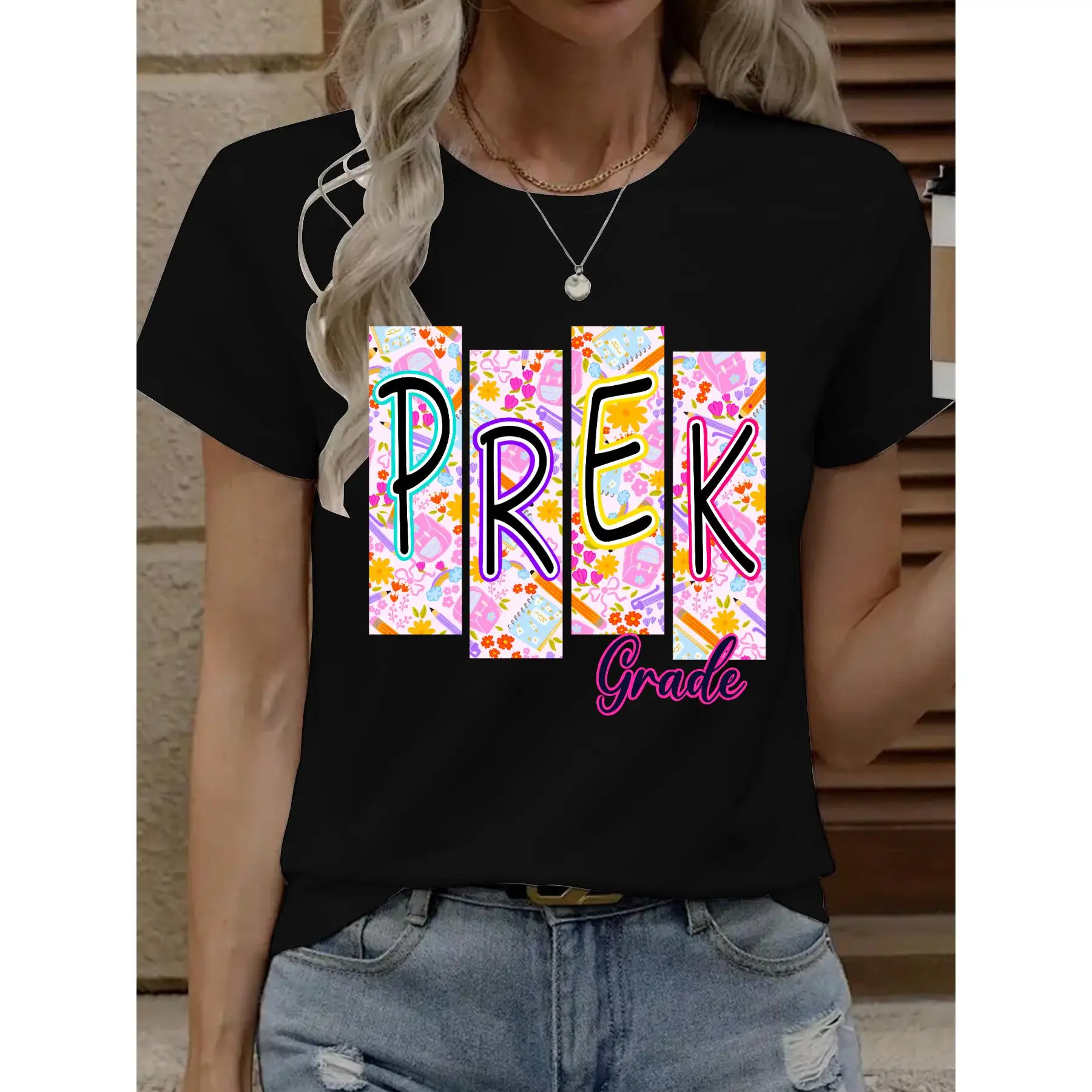 T - Shirt With “PREK Grade” In Colorful, Patterned Blocks, Perfect For Pre - Kindergarten Students.
T - Shirt With “PREK Grade” In Colorful, Patterned Blocks, Perfect For Pre - Kindergarten Students.
