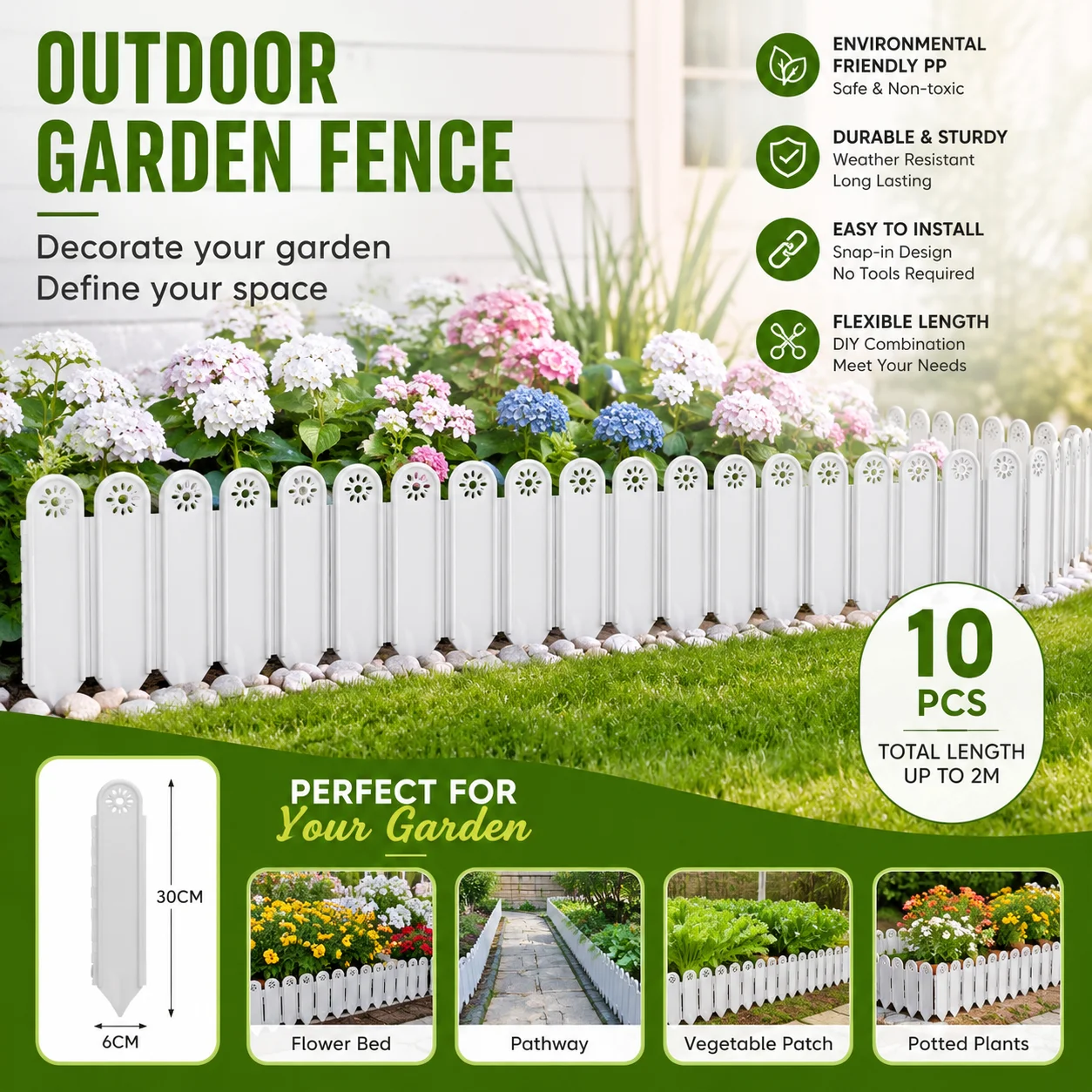 10PCS Garden Border Fence Plastic Lawn Edging Flower Bed Landscape Barrier Decorative Outdoor Yard Fence 2M
10PCS Garden Border Fence Plastic Lawn Edging Flower Bed Landscape Barrier Decorative Outdoor Yard Fence 2M