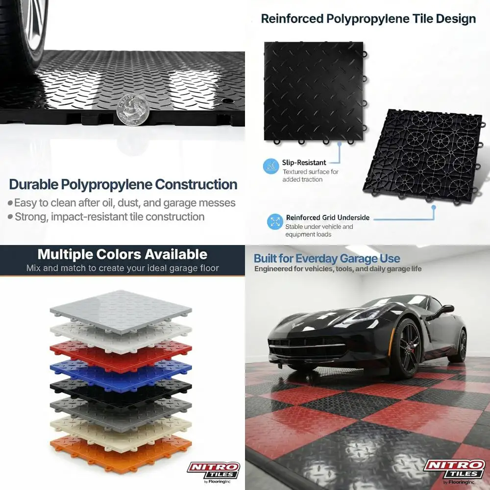 12 x 12 Heavy-Duty Interlocking Garage Floor Tiles, Diamond Pattern Polypropylene Flooring, Non-Slip, Black, 12-Pack, 12 Sq/ft
12 x 12 Heavy-Duty Interlocking Garage Floor Tiles, Diamond Pattern Polypropylene Flooring, Non-Slip, Black, 12-Pack, 12 Sq/ft