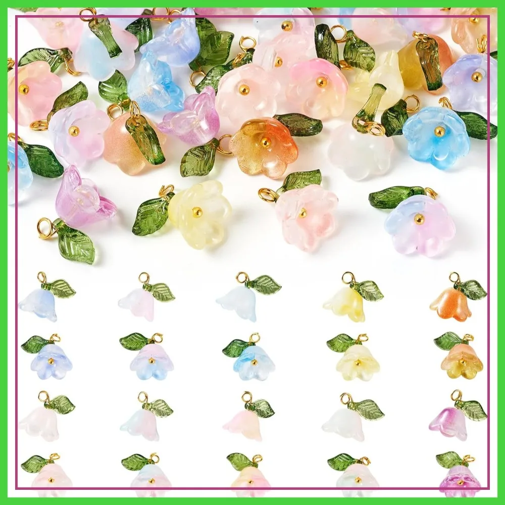 Colorful Glass Flower Charms - Lily, Bell, Rose, Tulip Pendants with Green Leaf Beads for DIY Jewelry Making
Colorful Glass Flower Charms - Lily, Bell, Rose, Tulip Pendants with Green Leaf Beads for DIY Jewelry Making