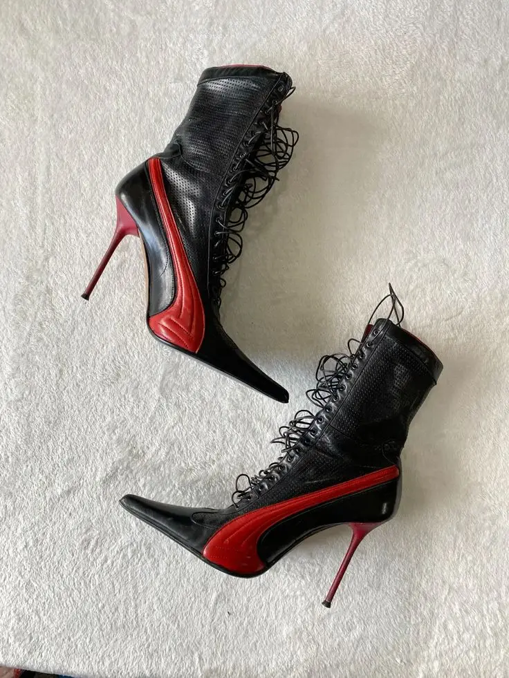 Black and red leather sexy leather Motorcycle boots for women lace pointed toe ankle booties high heels designer chic shoes
Black and red leather sexy leather Motorcycle boots for women lace pointed toe ankle booties high heels designer chic shoes