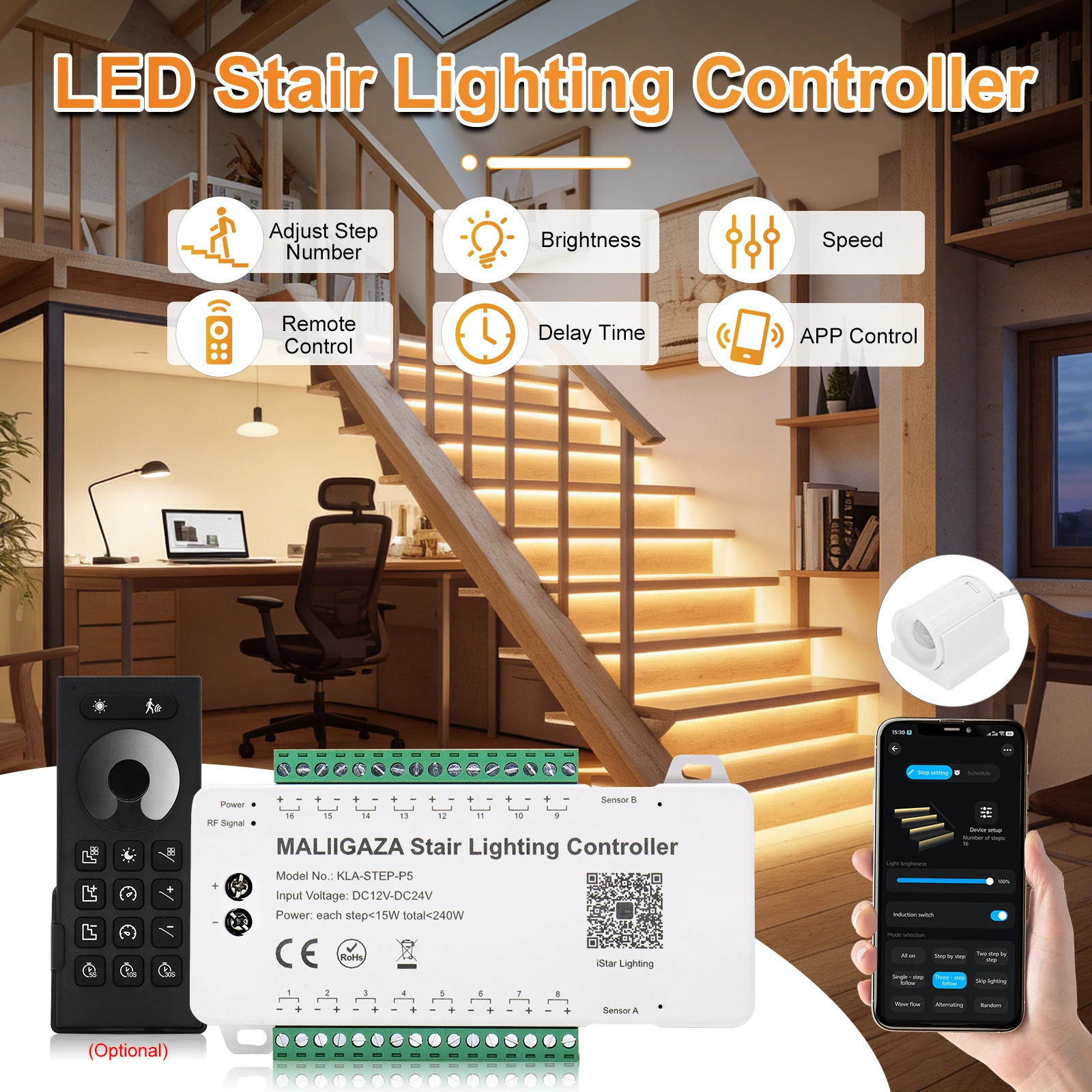 Intelligent Motion Sensor Stair Light Kit Support Smart BT APP Remote Control Dynamic Lighting for Indoor Staircase STEP-P5
Intelligent Motion Sensor Stair Light Kit Support Smart BT APP Remote Control Dynamic Lighting for Indoor Staircase STEP-P5