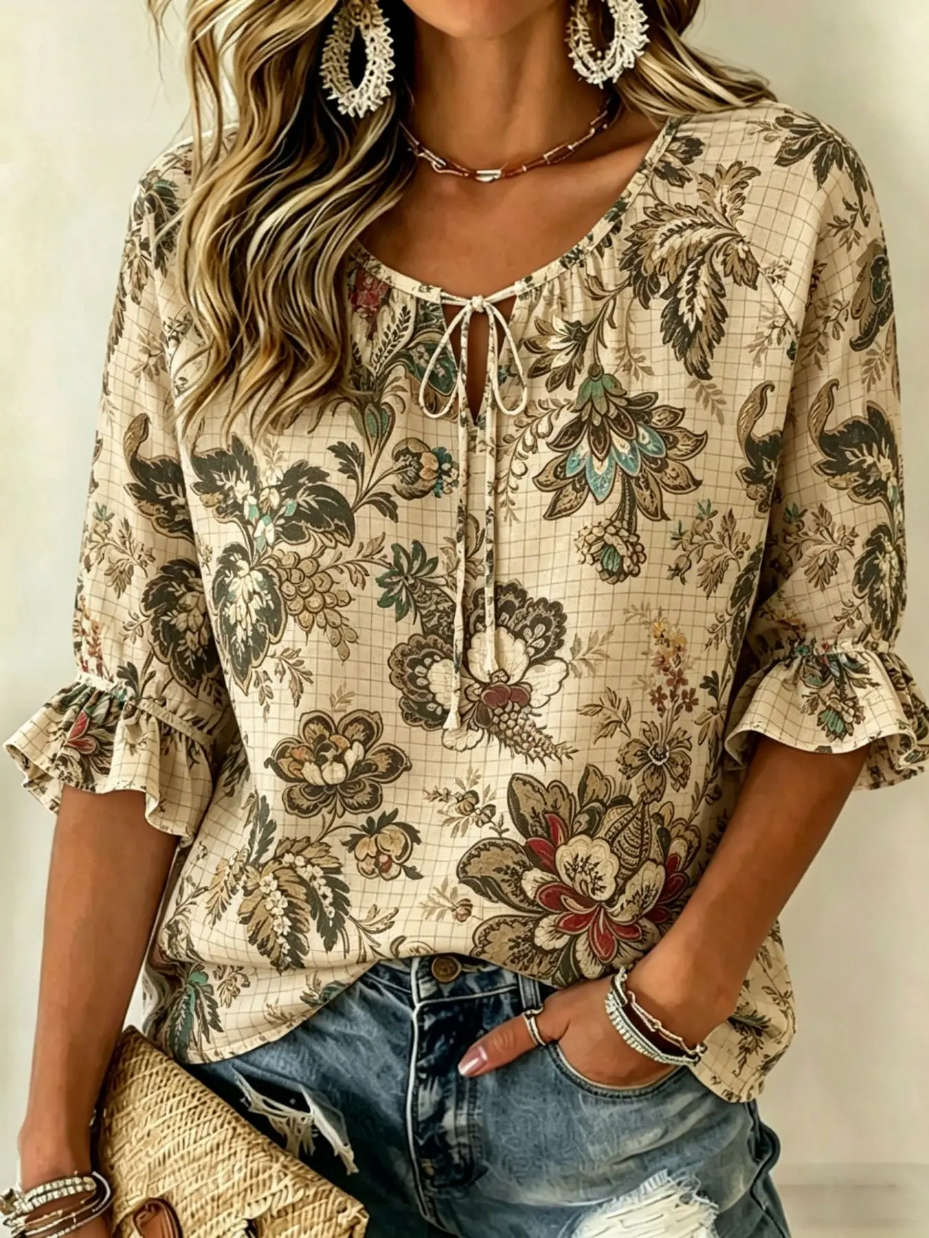 Women's Beige Vintage Floral Print Tie Neck Blouse, Casual Loose Tops for Spring Summer Daily Wear & Vacation Occasions.
Women's Beige Vintage Floral Print Tie Neck Blouse, Casual Loose Tops for Spring Summer Daily Wear & Vacation Occasions.