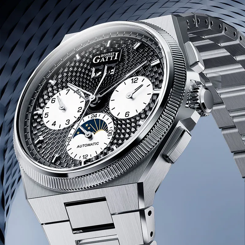 BONEST GATTI Мужские часы из нержавеющей стали, автоматические механические часы с фазой Луны, дата, неделя, месяц, 24-часовой дисплей, модные наручные часы
BONEST GATTI Мужские часы из нержавеющей стали, автоматические механические часы с фазой Луны, дата, неделя, месяц, 24-часовой дисплей, модные наручные часы