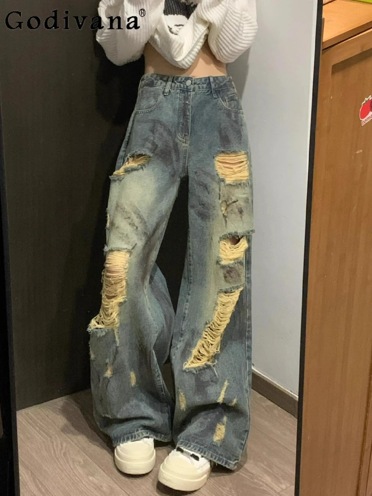Large Size 2XL-6XL Girl Retro American Street Wide-leg Ripped Jeans New Blue Loose Leisure Spring and Autumn Versatile Trousers 
Large Size 2XL-6XL Girl Retro American Street Wide-leg Ripped Jeans New Blue Loose Leisure Spring and Autumn Versatile Trousers