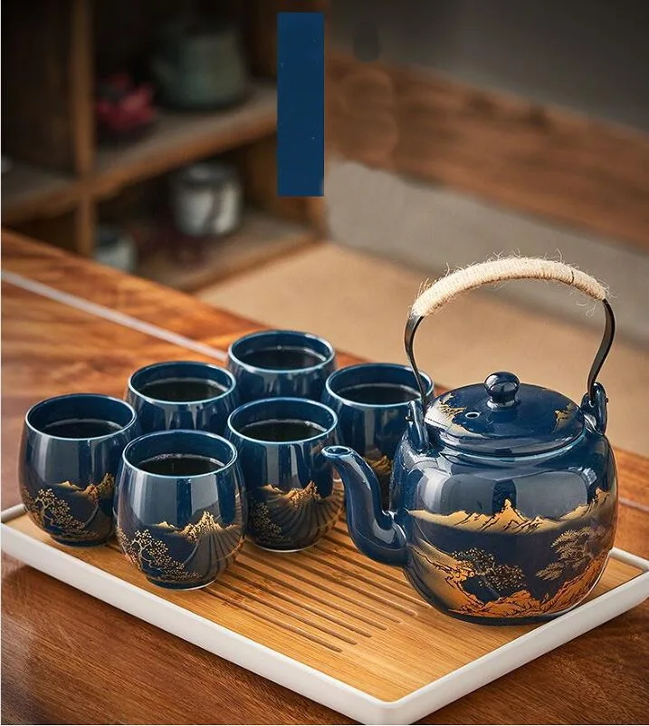 Jilan Tiliang tea set with filter Japanese ceramic dark blue teapot teacup set of household gifts high-grade
Jilan Tiliang tea set with filter Japanese ceramic dark blue teapot teacup set of household gifts high-grade