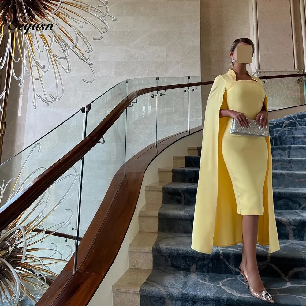 Customized Evening Dresses Knee Length Saudi Arabic Mermaid Prom Gowns with Cape Satin Formal Party Special Occasion Dress
Customized Evening Dresses Knee Length Saudi Arabic Mermaid Prom Gowns with Cape Satin Formal Party Special Occasion Dress