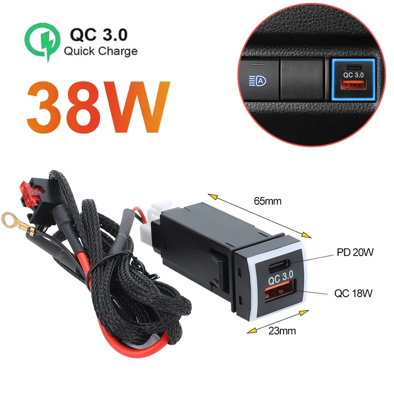 PD3.0 Type-C & USB QC3.0 Car Quick Fast Charger Dual Port Phone Power Socket Quick Charge Mobile Phone Accessories For Toyota
PD3.0 Type-C & USB QC3.0 Car Quick Fast Charger Dual Port Phone Power Socket Quick Charge Mobile Phone Accessories For Toyota
