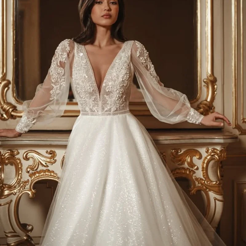 luxury Shiny white Wedding Dresses glitter decal off-shoulder Bridal Gowns V-neck multi-layer Made Customized 
luxury Shiny white Wedding Dresses glitter decal off-shoulder Bridal Gowns V-neck multi-layer Made Customized