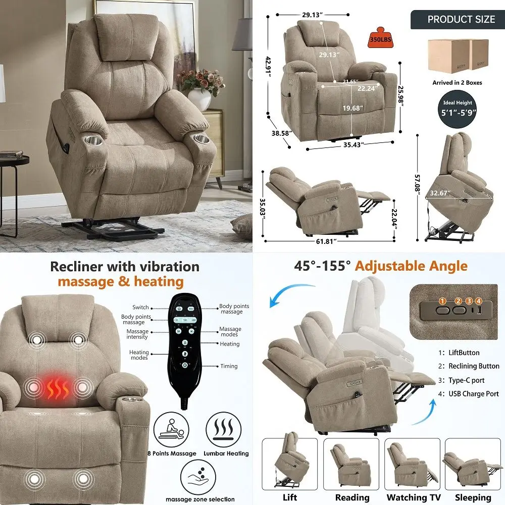 Lift Recliner Chair for Elderly, Oversized Leather Lift Chair with Heat and Massage, Dual Motor Zero Gravity Power Recliner Cha
Lift Recliner Chair for Elderly, Oversized Leather Lift Chair with Heat and Massage, Dual Motor Zero Gravity Power Recliner Cha