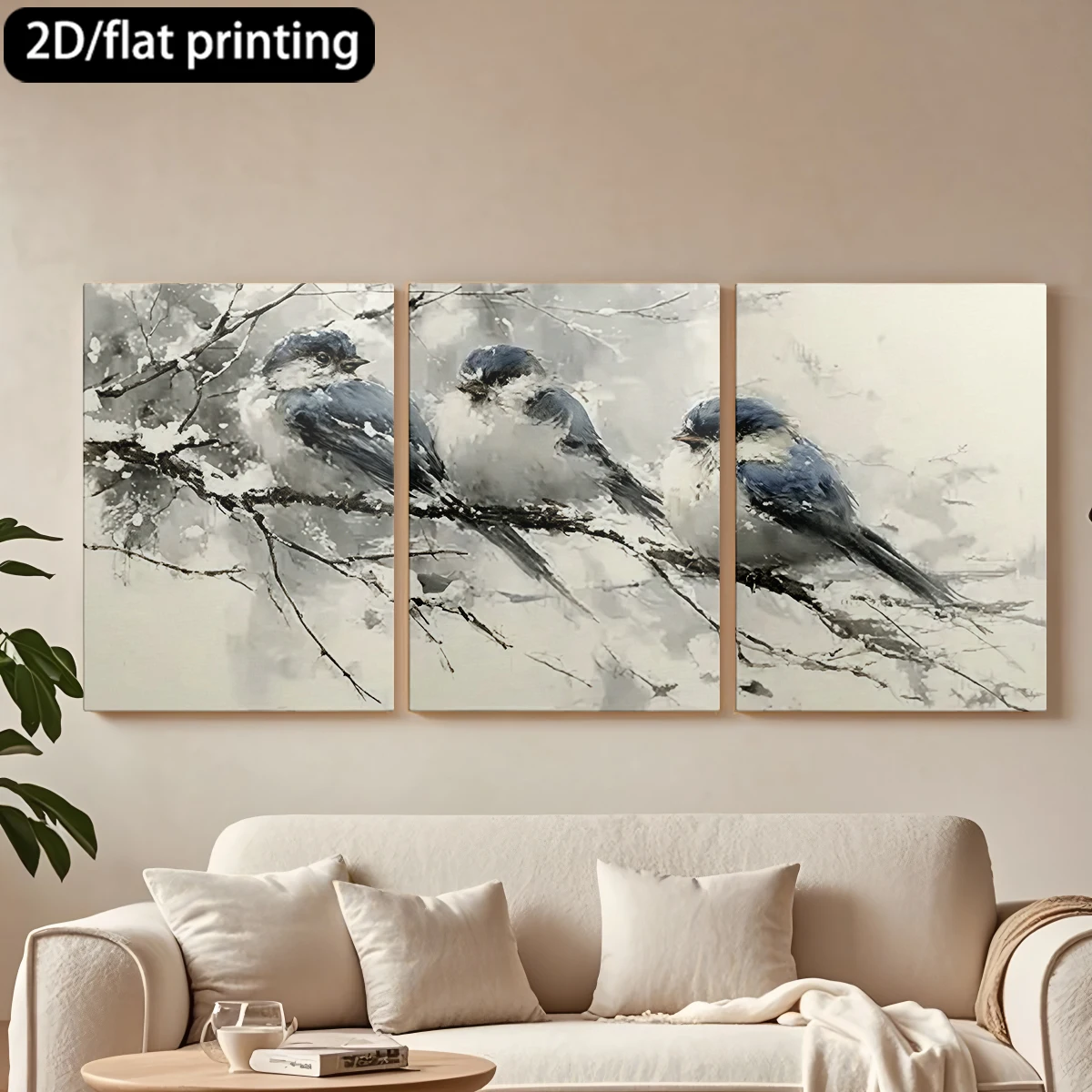 Three-panel decorative canvas paintingThree birds, snow-covered branches.
Three-panel decorative canvas paintingThree birds, snow-covered branches.