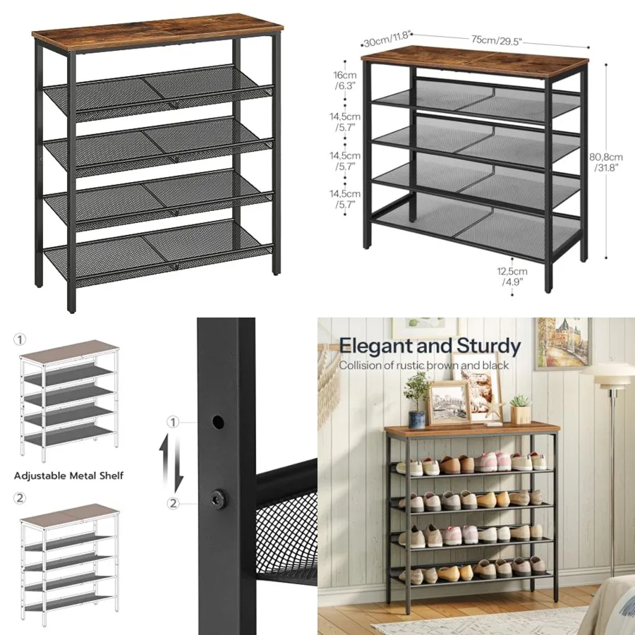 Shoe Rack for Entryway, 5-Tier Shoe Organizer with Adjustable Mesh Shelves, 16-20 Pairs of Shoes, Spacious Floor Mount, Metal, Industrial, Shoe Shelf for Closet, Rustic Brown
Shoe Rack for Entryway, 5-Tier Shoe Organizer with Adjustable Mesh Shelves, 16-20 Pairs of Shoes, Spacious Floor Mount, Metal, Industrial, Shoe Shelf for Closet, Rustic Brown