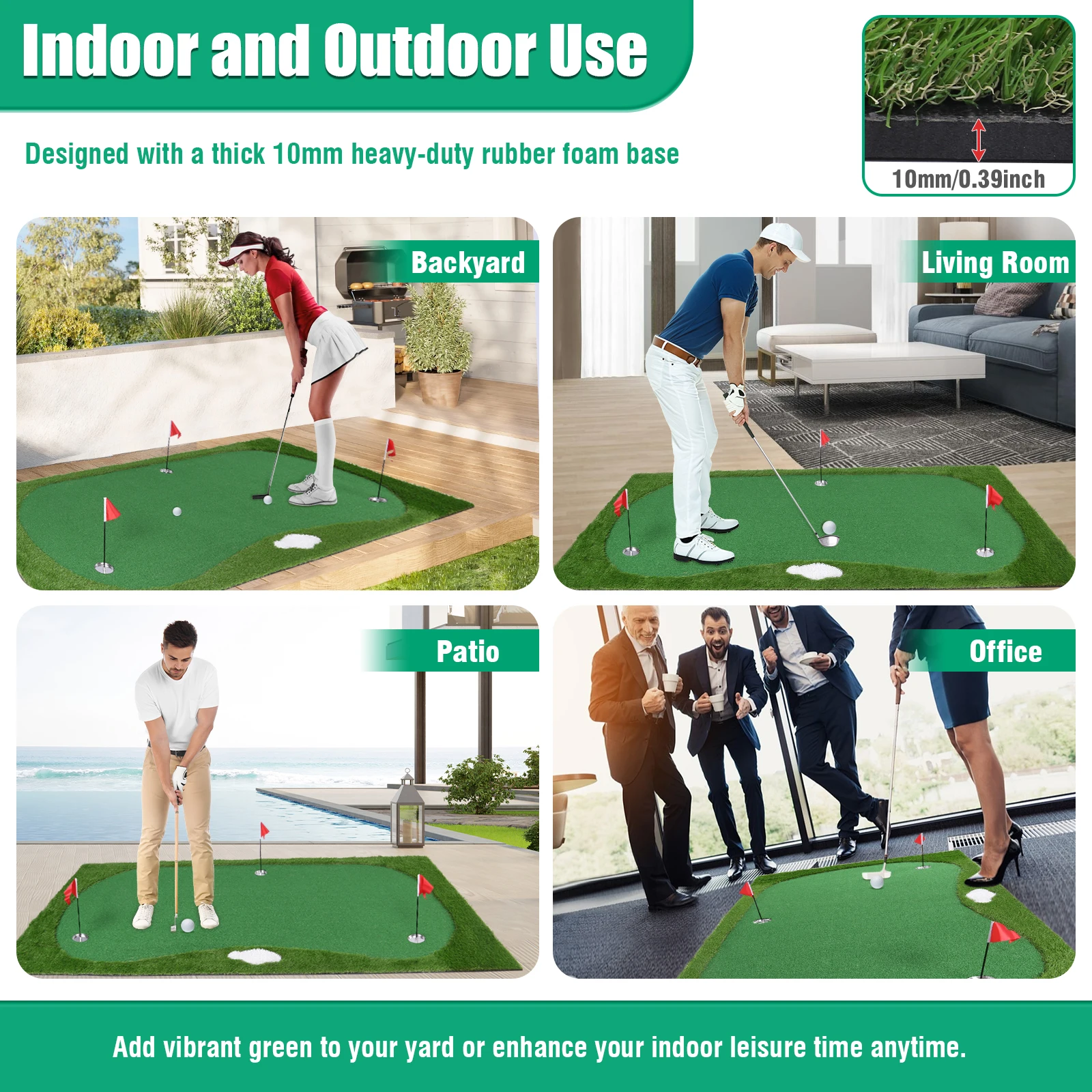 Golf Putting Training Mat Artificial Turf Putting Green Mat with Movable Cup/Slope Pad 3mx1.5m W/ 3 Flag for Putting Practice
Golf Putting Training Mat Artificial Turf Putting Green Mat with Movable Cup/Slope Pad 3mx1.5m W/ 3 Flag for Putting Practice