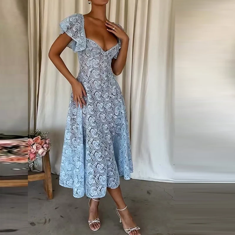Summer Sexy Deep V Hollow Lace Party Dresses Women Elegant Out Backless Crochet Jacquard Solid Color High Waist Evening Dress
Summer Sexy Deep V Hollow Lace Party Dresses Women Elegant Out Backless Crochet Jacquard Solid Color High Waist Evening Dress